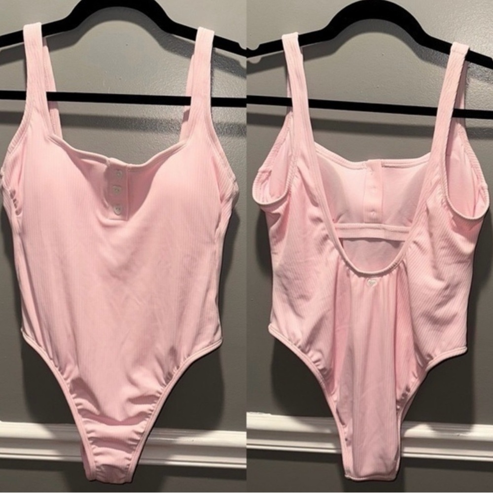 Light pink Ribbed Heart Button One-Piece Swim Suit